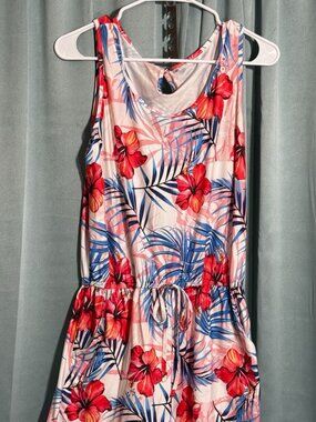 Tropical Floral Romper Women’s Size M Pink Blue Hibiscus Sleeveless